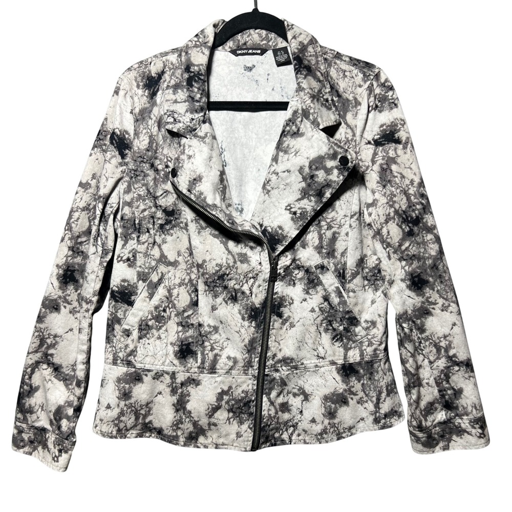 DKNY Jeans Gray Black Abstract Moto Jacket Asymmetrical Zip Cotton Size XL